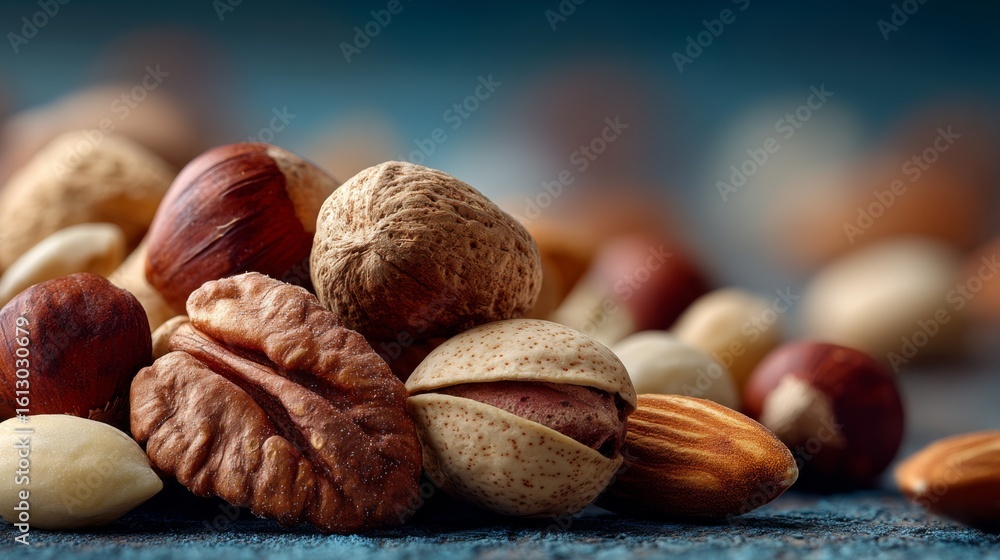 Poster a close-up image of assorted nuts including pecans, almonds, hazelnuts, and walnuts on a textured su