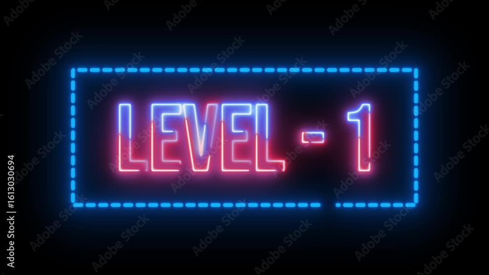 Aufkleber neon multicolor level 1 text animation with dotted rectangle border on black background
