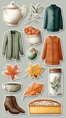 Colorful fall-themed illustrations featuring cozy clothing, seasonal decor, and edible treats against a soft background