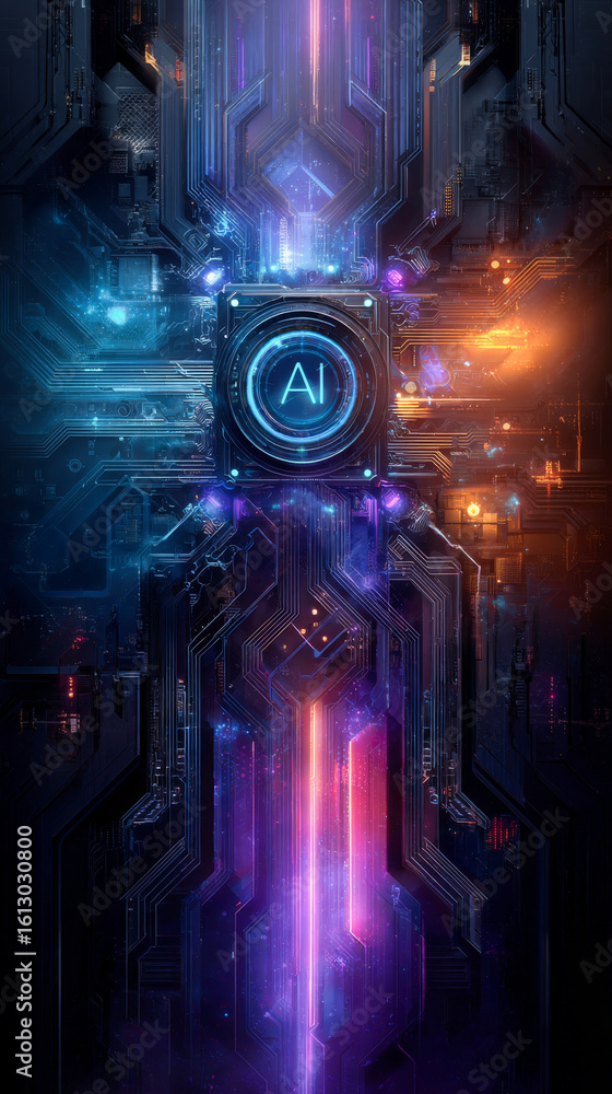 Poster a futuristic abstract technology background with neon lights and glowing circuit lines