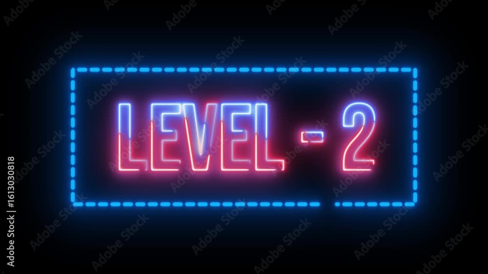 Aufkleber neon multicolor level 2 text animation with dotted rectangle border on black background