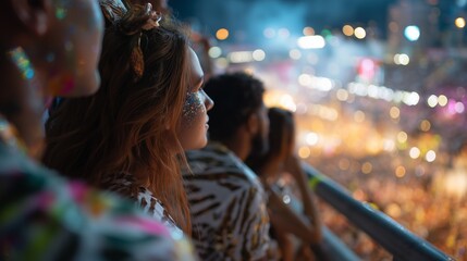 Obraz premium Friends enjoying a vibrant festival night with colorful lights and energetic crowd in the background during a summer celebration
