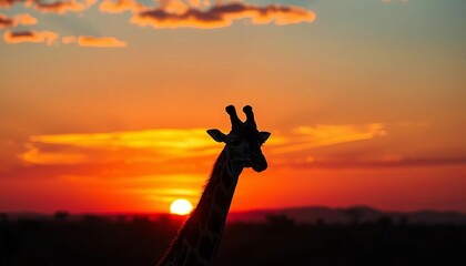 Long-necked giraffe silhouetted against African sunset, showcasing elegant travel theme, wild animals, travel photography
