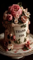 Elegant floral cake adorned with intricate decorations expresses gratitude in a beautiful arrangement