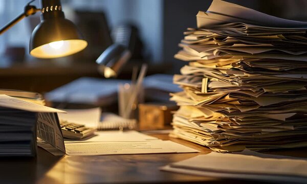 Stack of papers and office documents lying on a wooden desk in a cozy home office, sunlight coming through window, warm tones, administrative or freelance paperwork concept