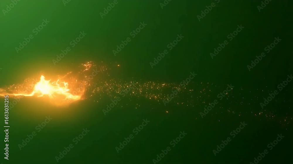 Poster fiery energy stream flows across green background with glowing particles and flame effects, creating