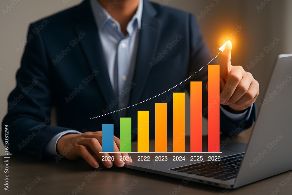 Poster businessman using laptop with colorful bar chart showing financial growth from year 2020 to 2026 and