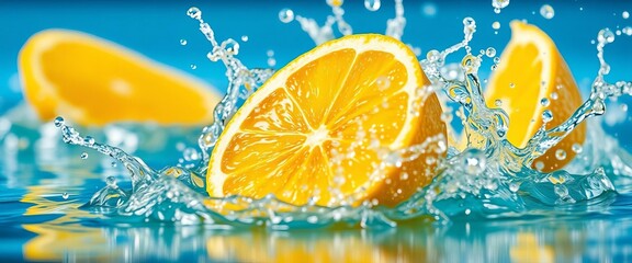 Mid-air lemon slice, water splashing, vibrant yellow, zesty freshness,  water splash,   drop