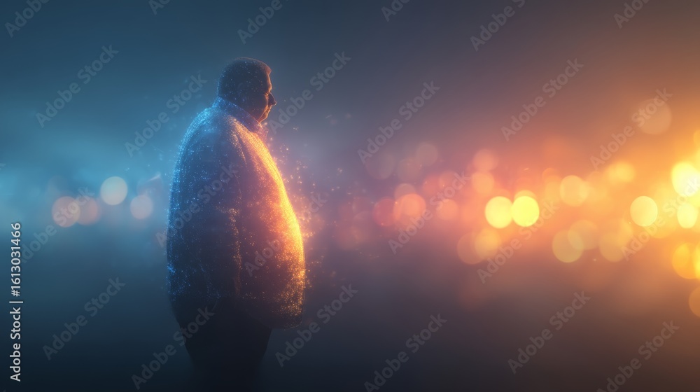 Poster a digital representation of a man made from glowing particles stands against a blurred background wi