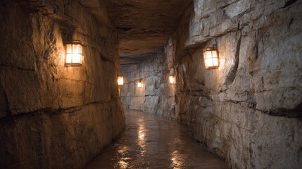 Obraz premium Underground Stone Tunnel With Warm Lantern Lighting. Mysterious And Atmospheric Passageway