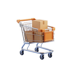 Shopping cart with cardboard boxes for retail and e-commerce isolated on black background