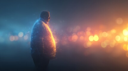 A digital representation of a man made from glowing particles stands against a blurred background with warm and cool lighting.