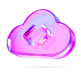 3d glass holographic cloud programming with html tag code icon render. Online platform for developing, test and deploy web app. Cloud computing service, server, storage in internet. 3D illustration