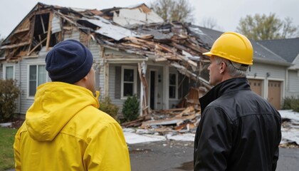 Yellow, black hard hat workers in front of house under renovation. Construction site behind, overcast sky with soft light. One worker in yellow jacket, another in black jacket. Building, construction