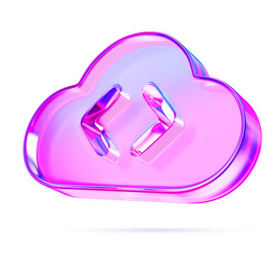 3d glass holographic cloud programming with html tag code icon render. Online platform for developing, test and deploy web app. Cloud computing service, server, storage in internet. 3D illustration