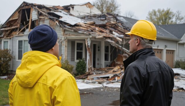 Yellow, black hard hat workers in front of house under renovation. Construction site behind, overcast sky with soft light. One worker in yellow jacket, another in black jacket. Building, construction