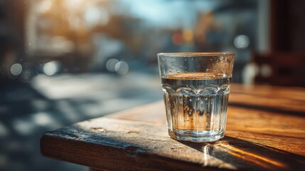 A clear glass of water with droplets sits on a wooden table, illuminated by warm natural sunlight in a cozy indoor setting.