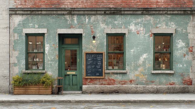 Old Brick Building With Green Door And Windows. Vintage Storefront With Rustic Charm