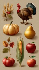 Thanksgiving harvest featuring turkey, vegetables, and fruits on a light background