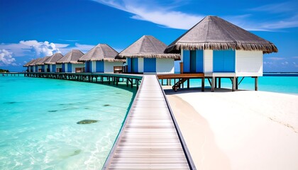 Overwater bungalows line a pristine beach, connected by a wooden walkway