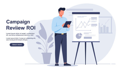 Businessman Analyzing Campaign ROI Data on Tablet Presentation Concept.