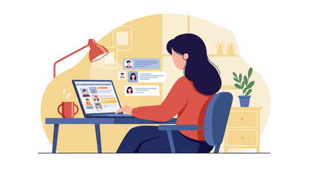 Woman Working Remotely with Laptop Chat Bubbles and Desk Lamp Illustration.