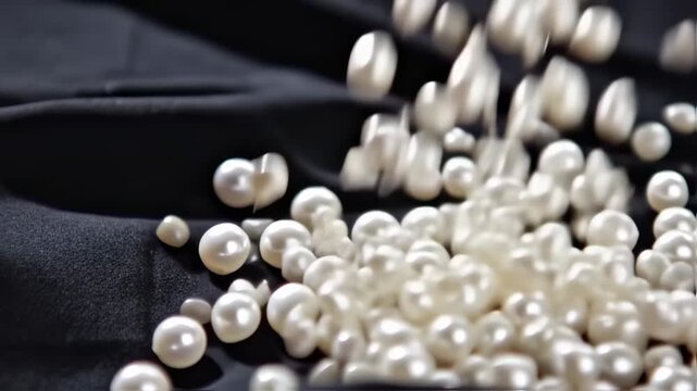 Elegant pearls gracefully cascade onto rippling black fabric creating a luxurious visual experience