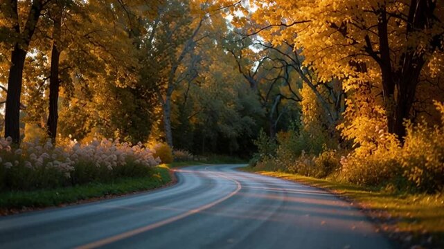 Curving Asphalt Road Through Golden Autumn Trees