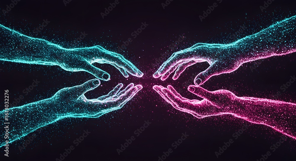 Poster four hands reaching towards each other with glowing particles on a dark background in a symmetrical 