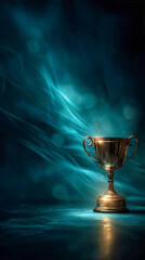 A golden trophy cup, close-up and blurred lights in background
