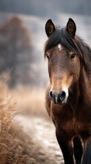 Obraz premium Brown horse standing in a field during a cloudy afternoon in a rural area surrounded by tall grass