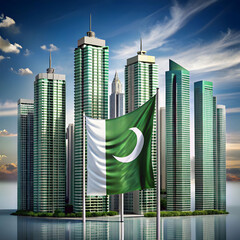 pakistan flag made from modern skyscrapers and tr