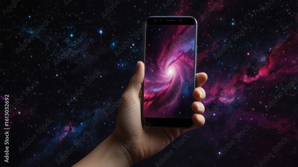 Poster a hand holds a smartphone displaying a vibrant nebula image against a dark space backdrop.