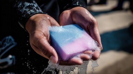 Hands holding a multicolored soap with bubbles.