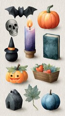 Decorative Halloween-themed illustrations featuring pumpkins, a bat, a candle, and a skull arranged artistically