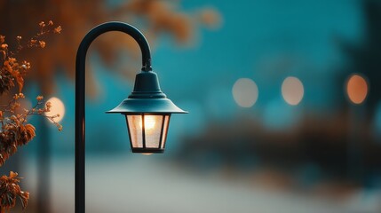 A close-up of a vintage street lamp glowing warmly against a blurred blue and orange background.