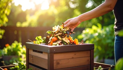 Person adding compost to a wooden bin outdoors in sunlight