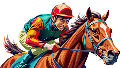 Beautiful close up Horse racing jockey. Sport. Champion. Racetrack. Equestrian. Derby. Isolated on white background.