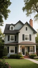 Fototapeta premium Two-Story House with Gray Siding, White Trim, and a Well-Maintained Lawn