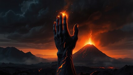 A powerful hand reaches towards a fiery volcano erupting against a dramatic dark sky.