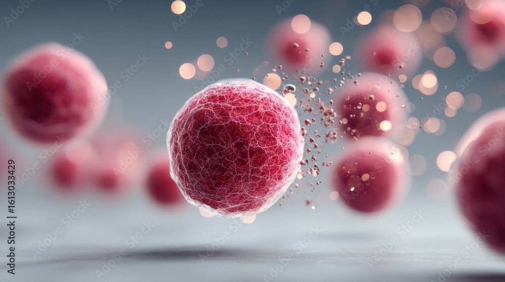 Poster close-up digital illustration of red cells or particles with a network-like surface structure floati