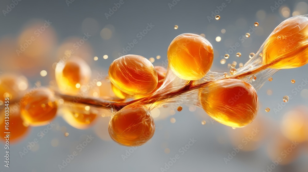 Poster close-up of glowing amber-colored liquid spheres connected by thin strands, creating a dynamic and f