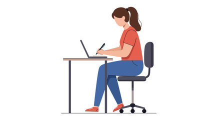Focused Young Woman Working on Laptop Minimalist Illustration.