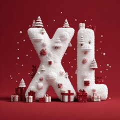 Decorative holiday display with oversized letters shaped like X and L in festive colors and textures