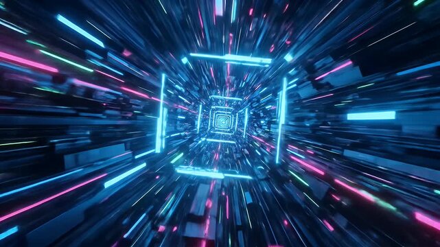 Neon lights streak through a dark digital tunnel