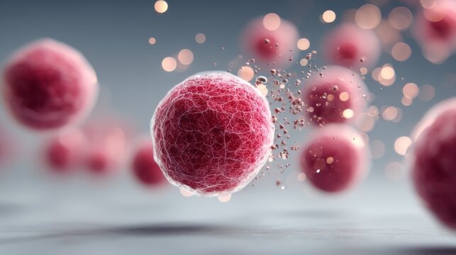 Close-up digital illustration of red cells or particles with a network-like surface structure floating in a soft, blurred background. - Powered by Adobe