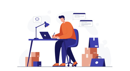 E-commerce Entrepreneur at Desk with Laptop and Shipping Boxes Illustration.