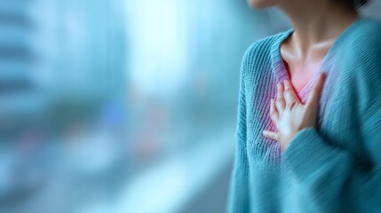 A person clutching their chest, indicating discomfort or pain, possibly related to heart or respiratory issues.