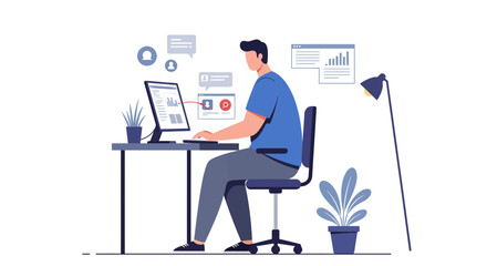 Focused Man Working at Desk with Computer and Data Visualization.