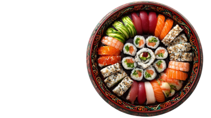 Set of sushi and maki with soy sauce over blue stone background. Top view with copy space